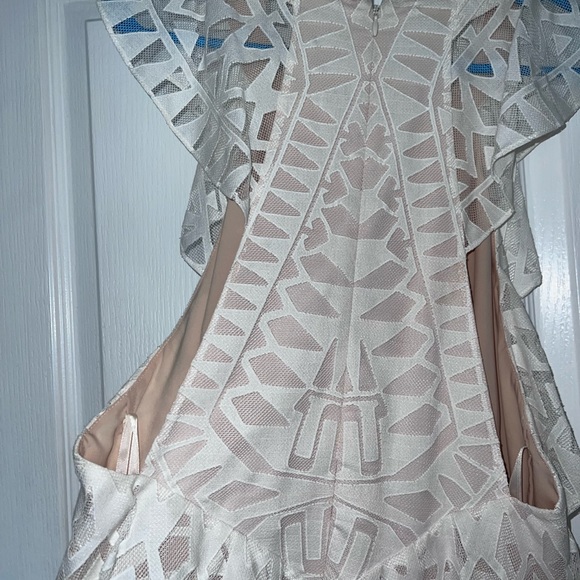BCBG size L, worn once, white/nude dress,eyelet, mesh, a-line/trapeze midi dress - Picture 9 of 9